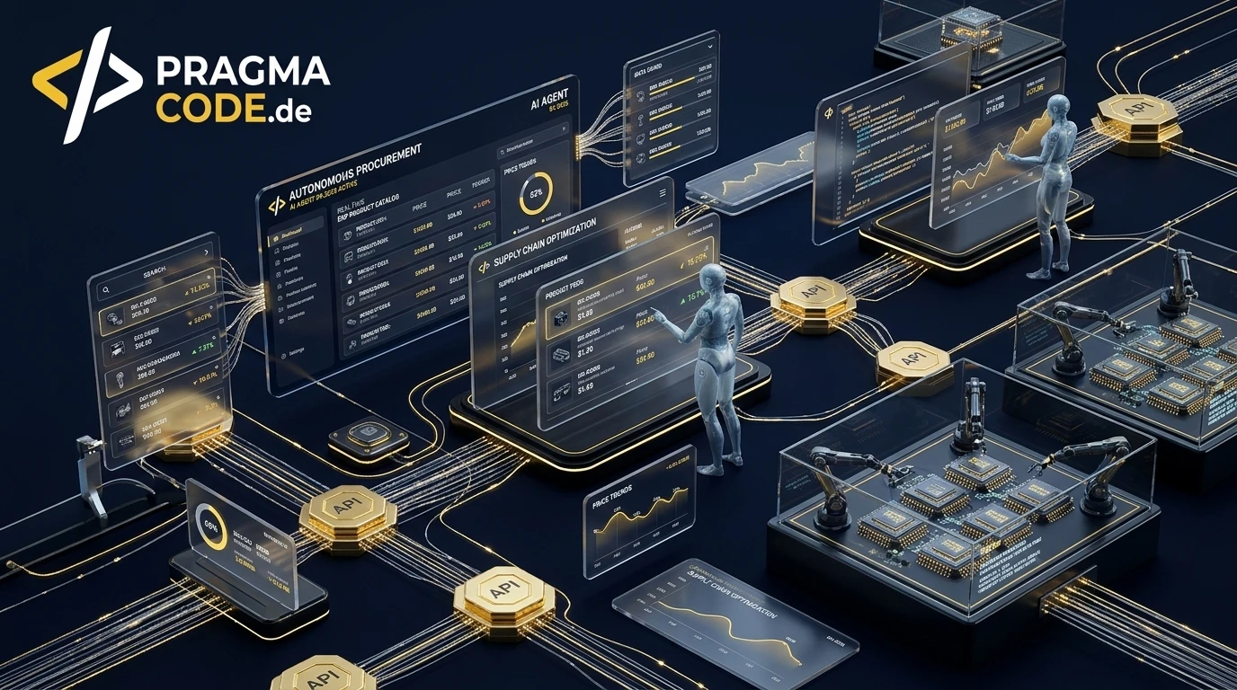 Futuristische 3D-Visualisierung von B2B Agentic Commerce mit autonomen KI-Einkäufern, ERP-Schnittstellen und Machine-Readable Catalogs