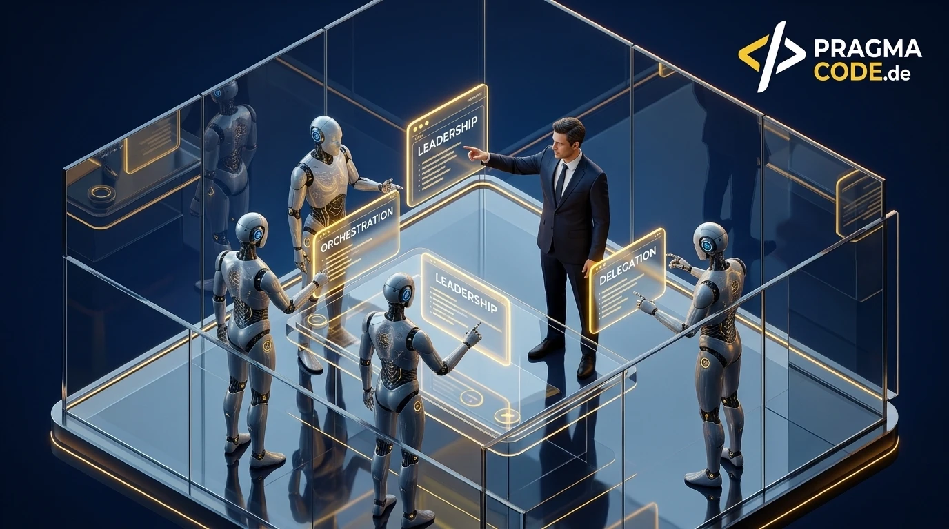 3D visualization: Executive leader orchestrating autonomous AI agents in digital control room