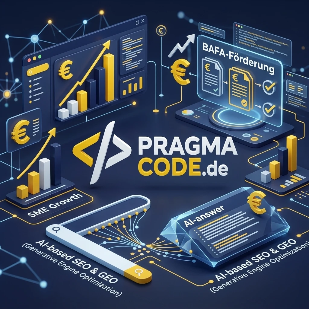 Futuristic digital workspace showing BAFA funding and AI-based SEO optimization with glowing connection nodes and growth charts
