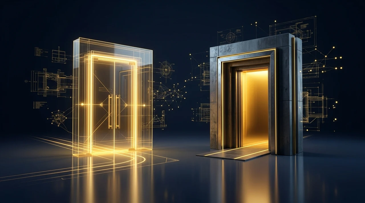 3D visualization: Reversible Two-Way Doors and One-Way Doors in front of dark technology studio