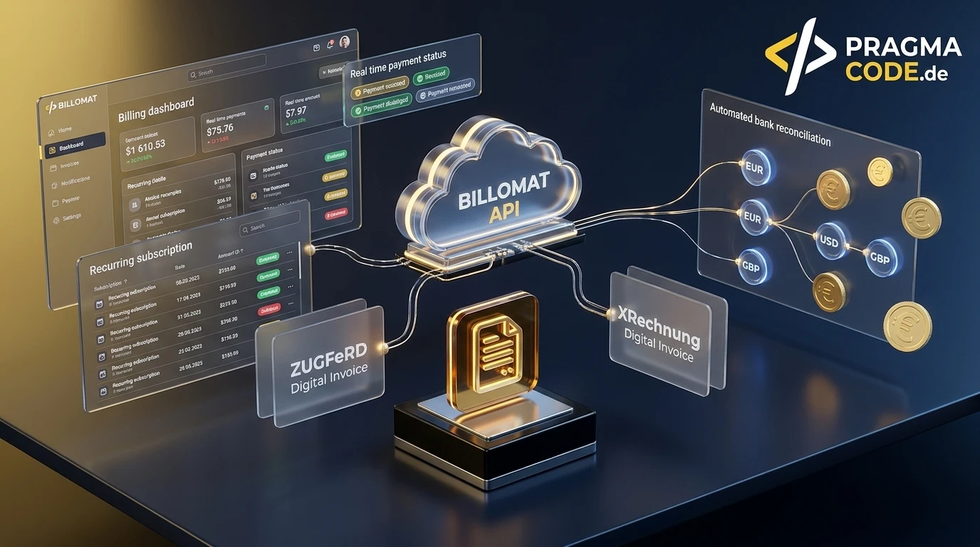Billomat 2026 user interface showing subscription billing, e-invoicing certification, and REST API endpoints