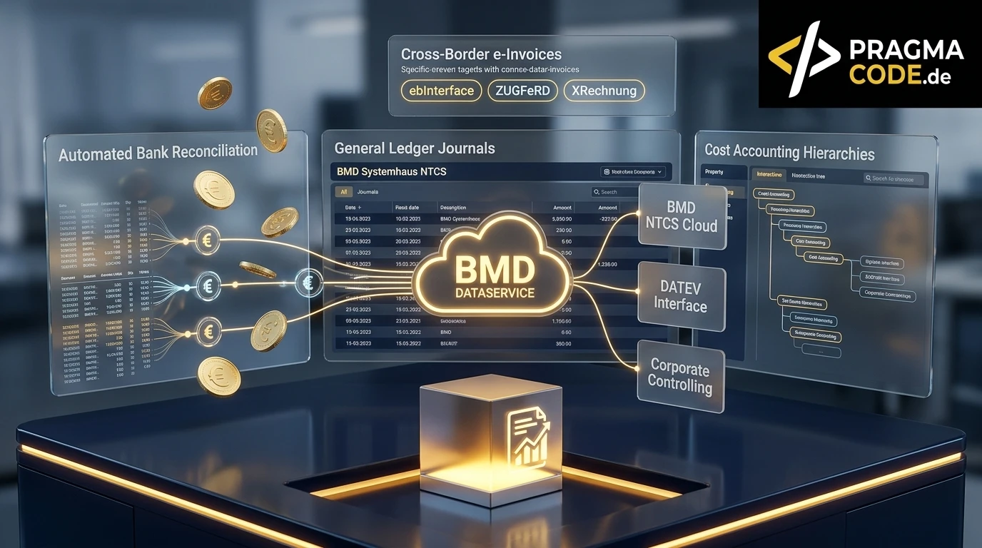 BMD Systemhaus 3D Header featuring NTCS ERP, BMD DataService interfaces, and automated financial accounting