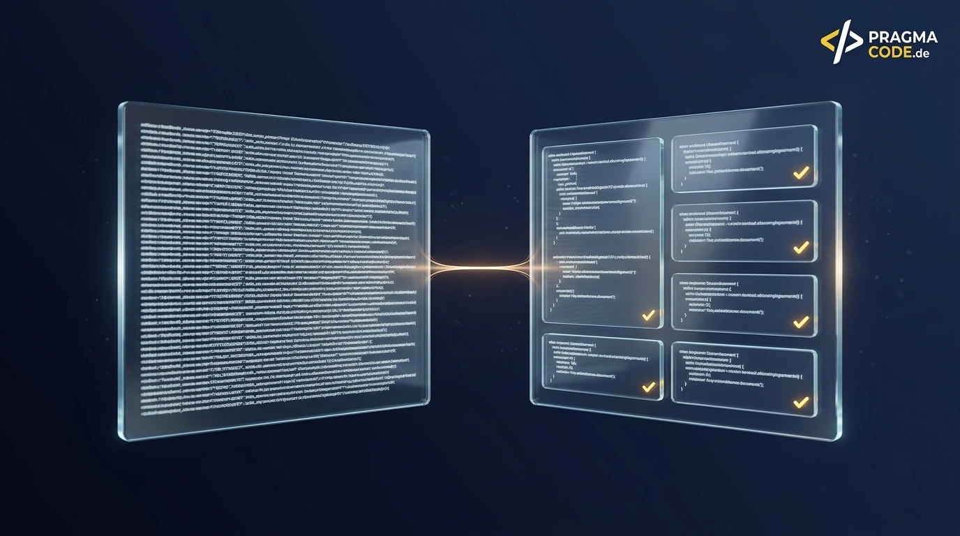 Two glass panels: a dense block of generated code on the left, the same logic broken into verified units on the right