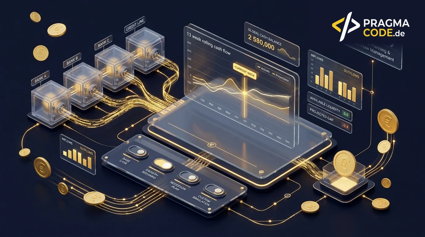 Commitly 3D header showcasing real-time cash flow forecasting, liquidity scenario planning, and multibank API endpoints