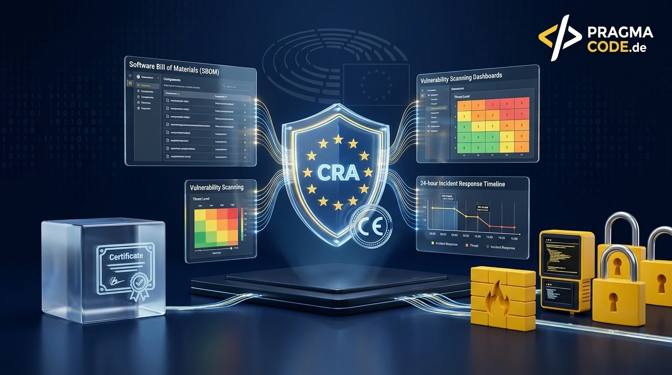 3D visualization of the EU Cyber Resilience Act with digital security shield, code verification, and software bill of materials
