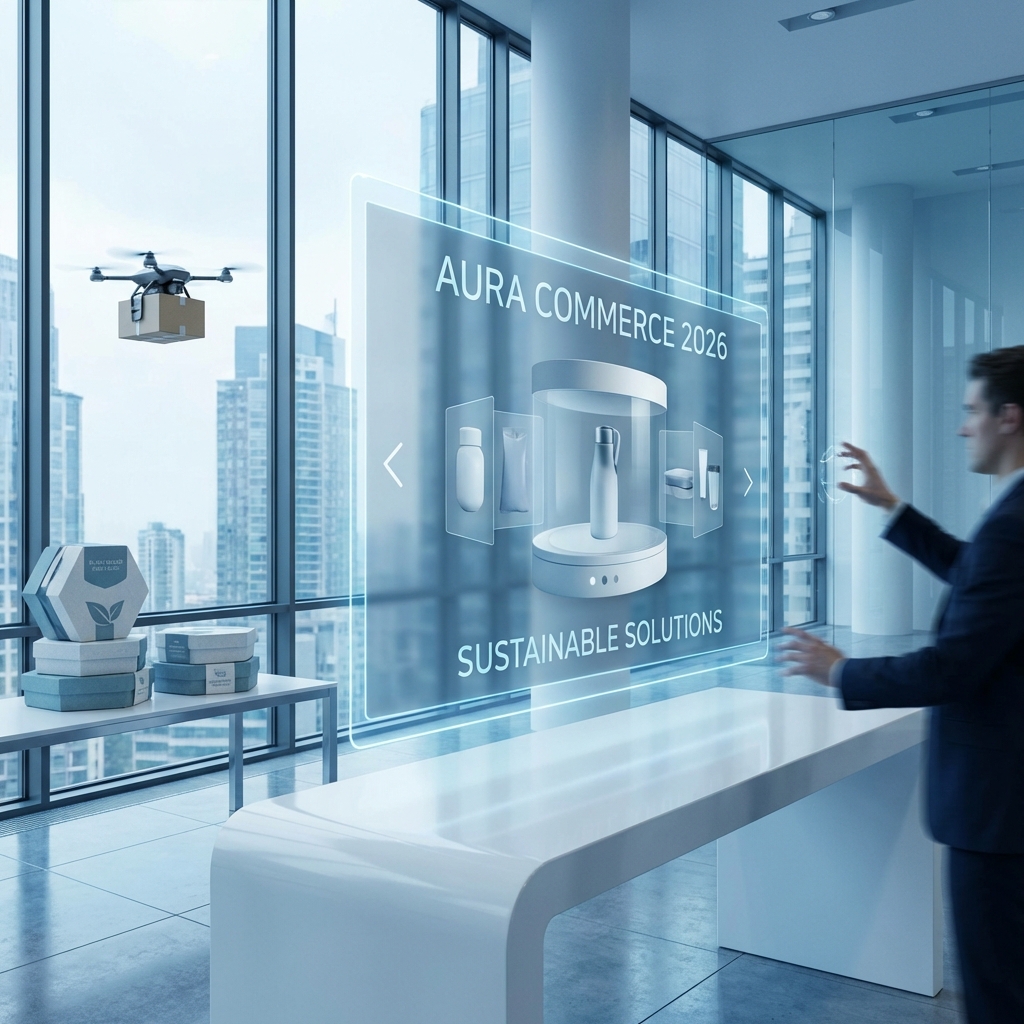 Futuristisches E-Commerce Konzept 2026 mit Drohnen und Hologrammen