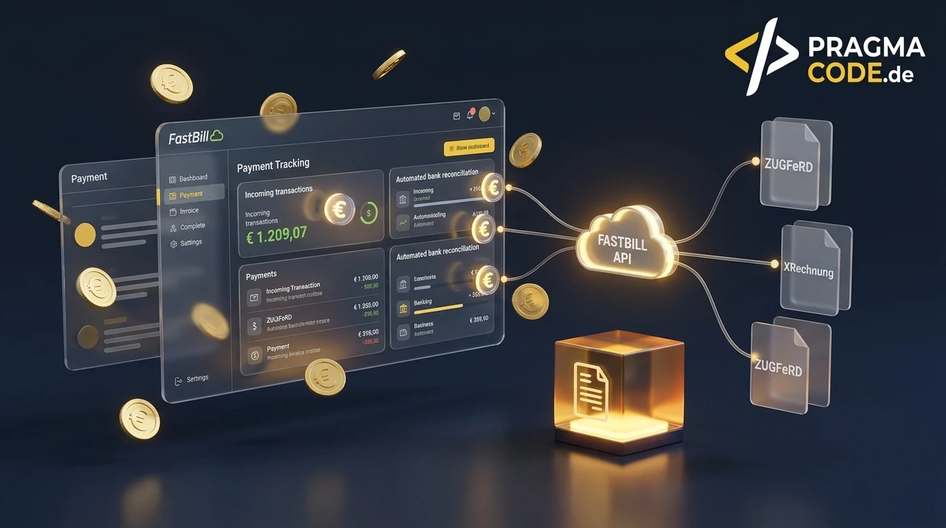 FastBill 2026 user interface showing payment tracking, e-invoice generation, and API cloud integrations