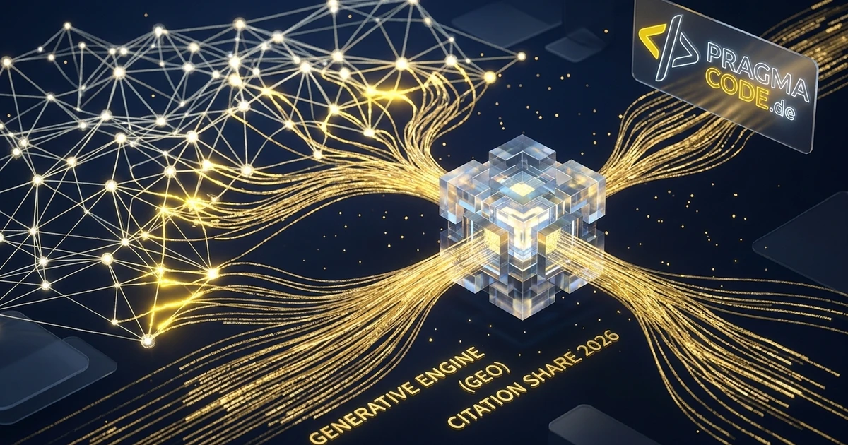 Sleek abstract 3D visual showing a network of citation connections and data nodes with Pragma-Code logo representing Generative Engine Optimization