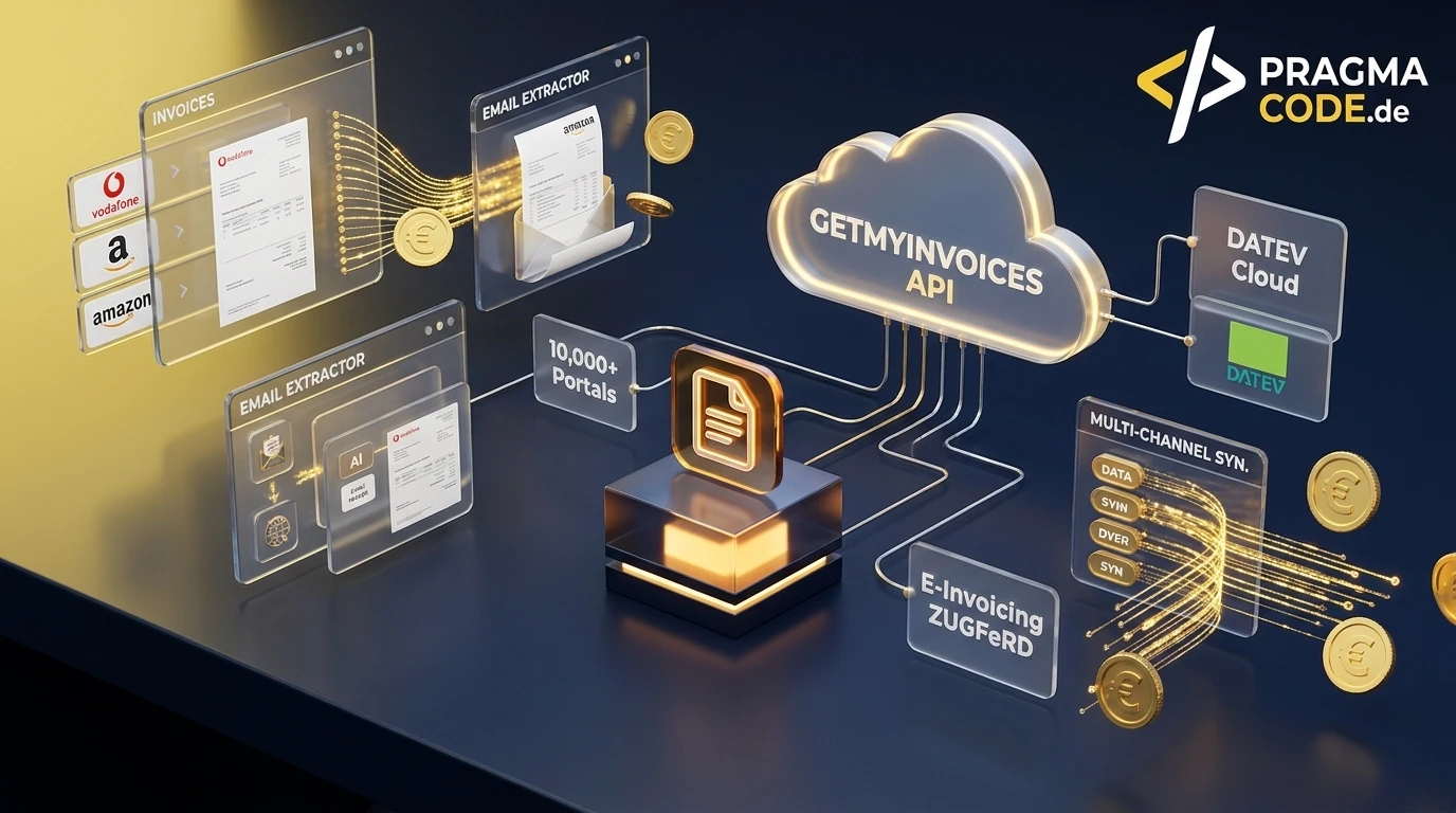 GetMyInvoices 3D Header featuring automated portal scraping, email extraction, and ERP accounting sync