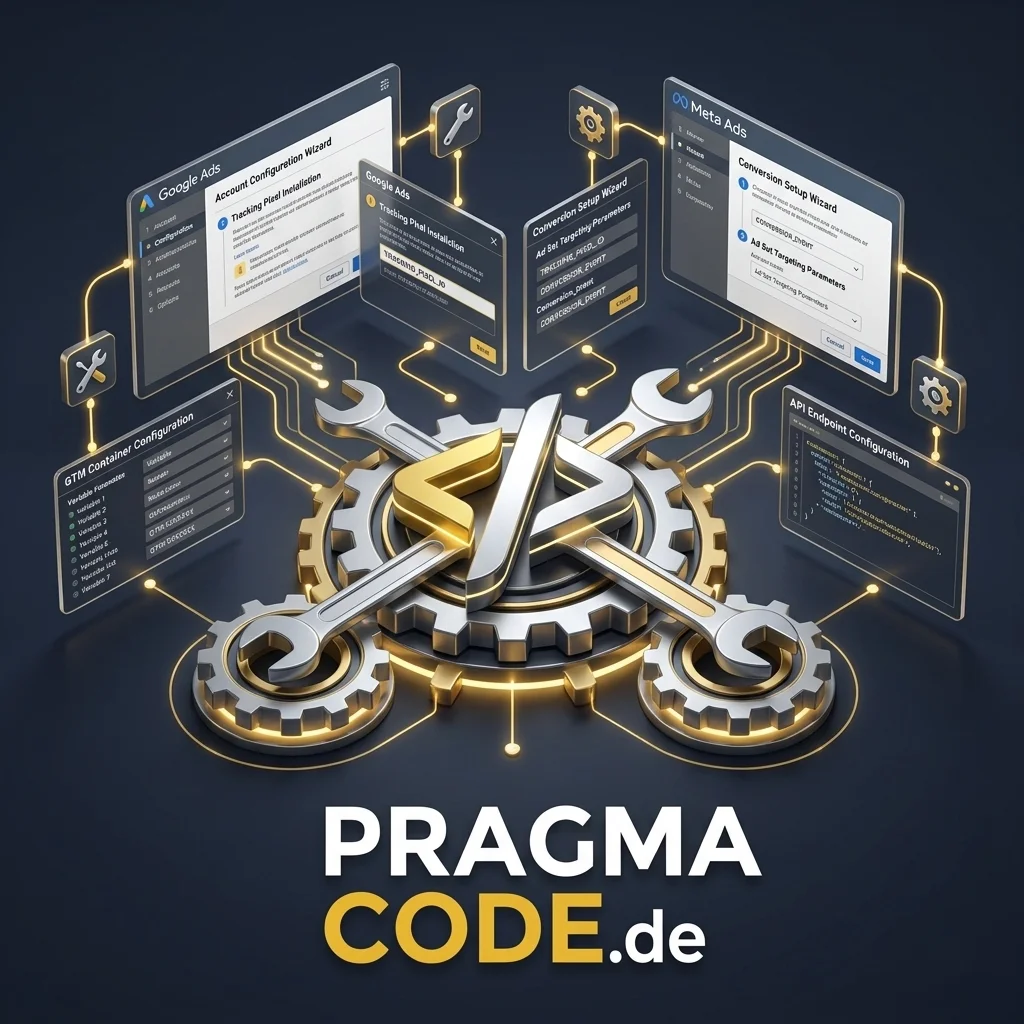 Google und Meta Ads Setup-Dashboard mit Konfigurationspanels, GTM-Container und Tracking-Pixel-Installation