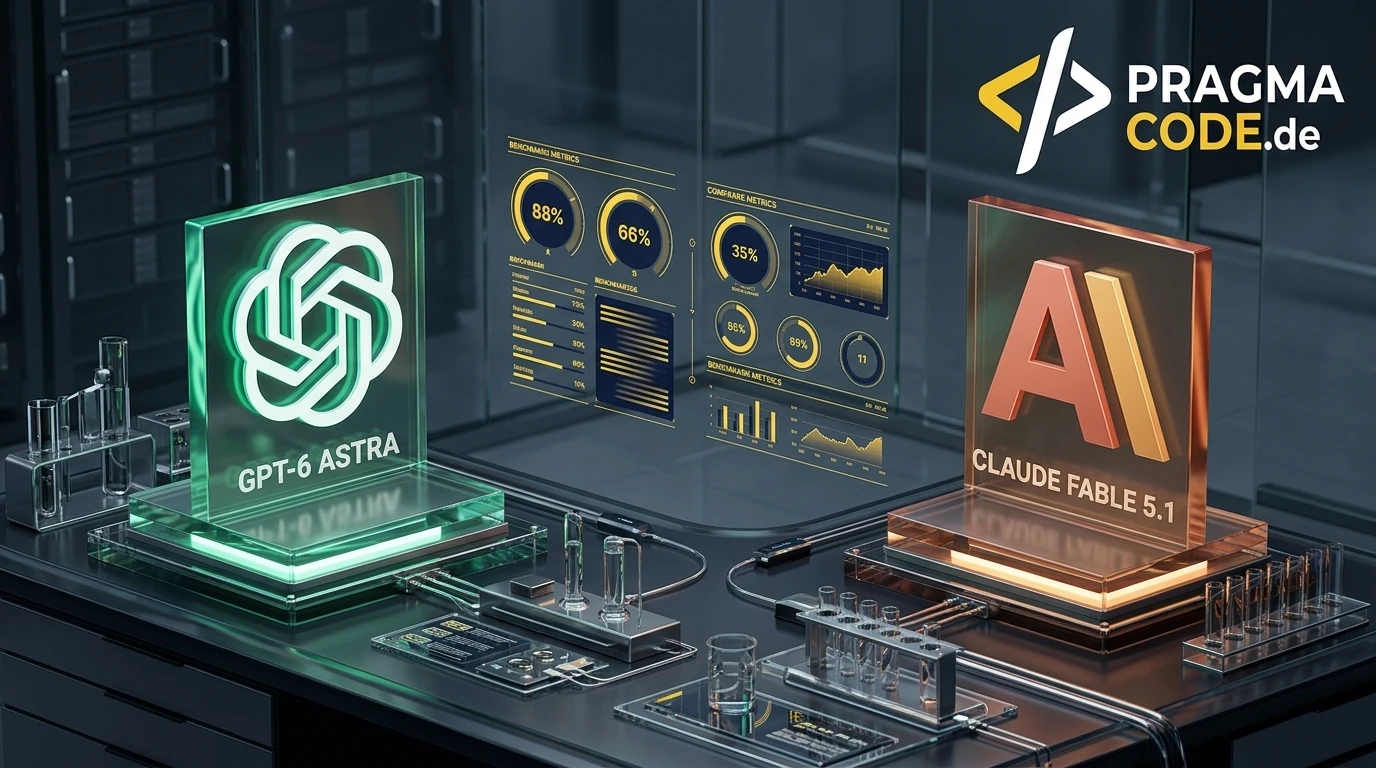 3D-Vergleich zwischen OpenAI GPT-6 Astra und Anthropic Claude Fable 5.1 mit Benchmarks und Token-Metriken