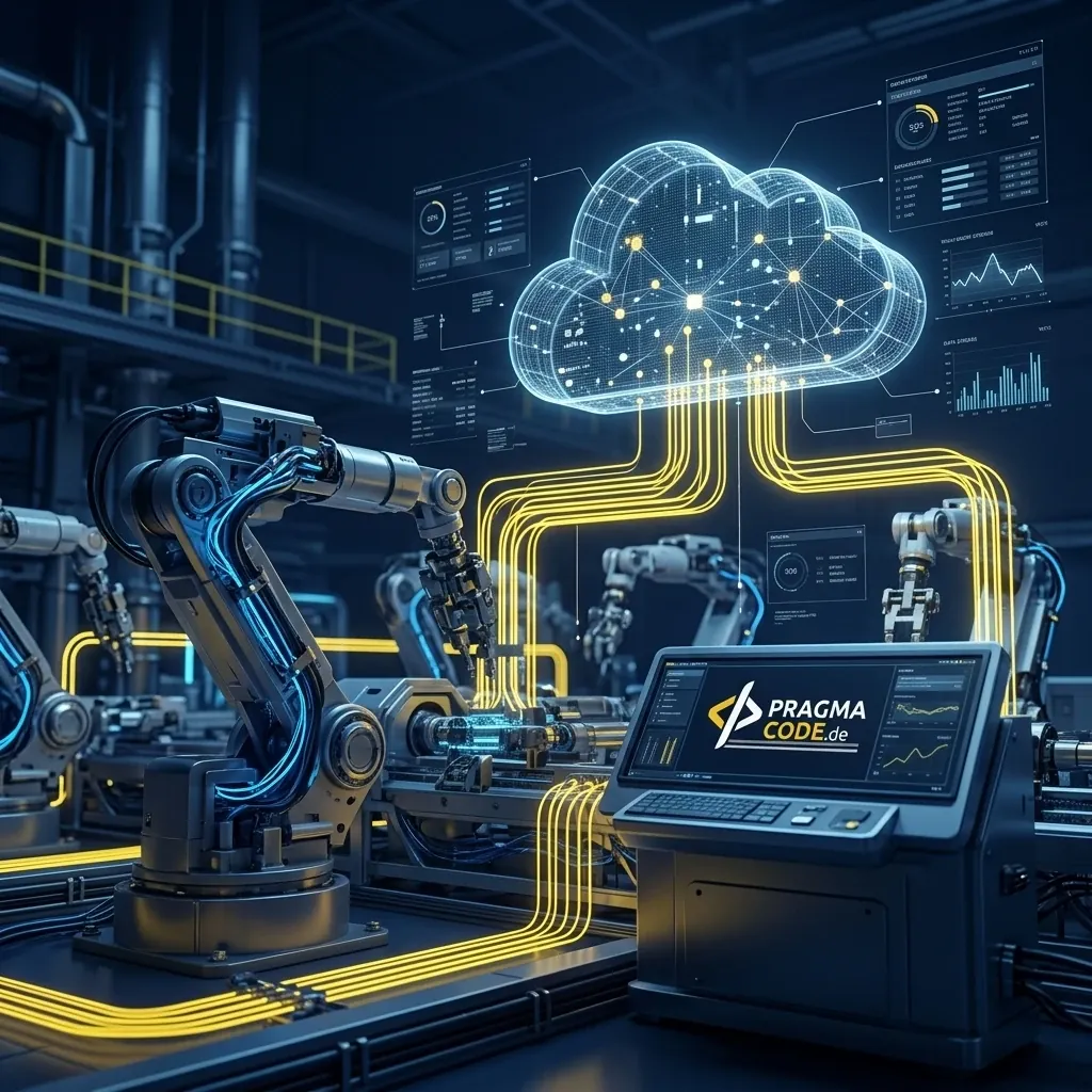 Futuristische Fabrikhalle mit Roboterarmen und Wolkenschnittstelle für Maschinendaten