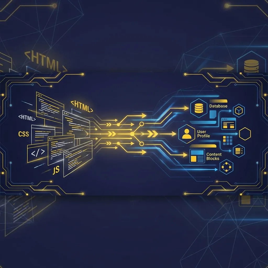 Futuristische Darstellung einer Datenmigration von Code zu CMS