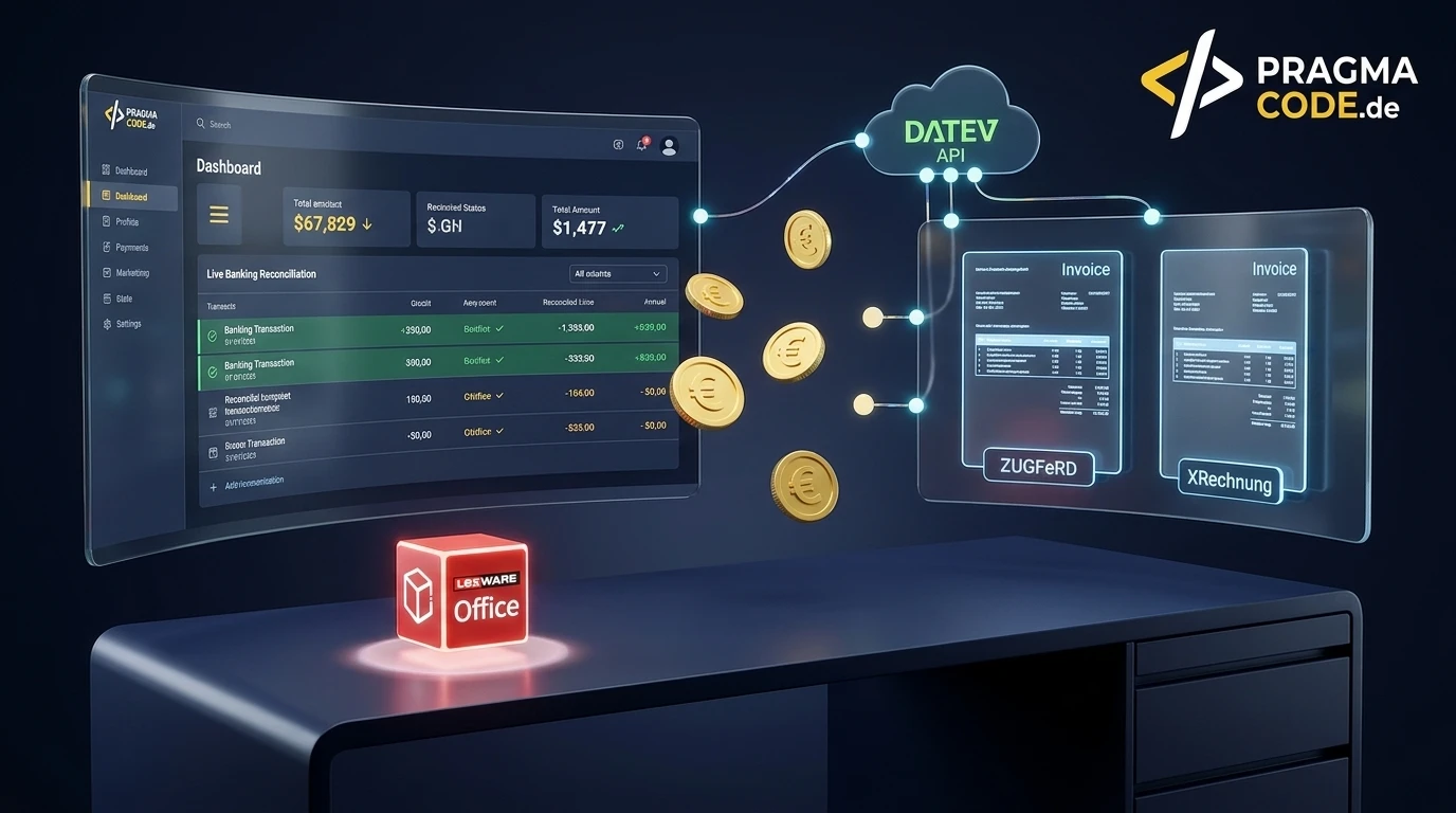 Lexware Office 2026 user interface showing financial dashboard, e-invoicing pipeline, and REST API integrations