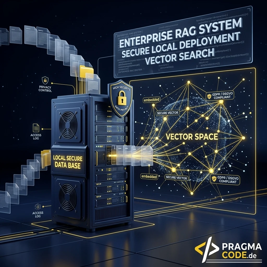 3D-Visualisierung eines sicheren lokalen Enterprise RAG-Systems mit Vektordatenbank und Llama-3-Modell.