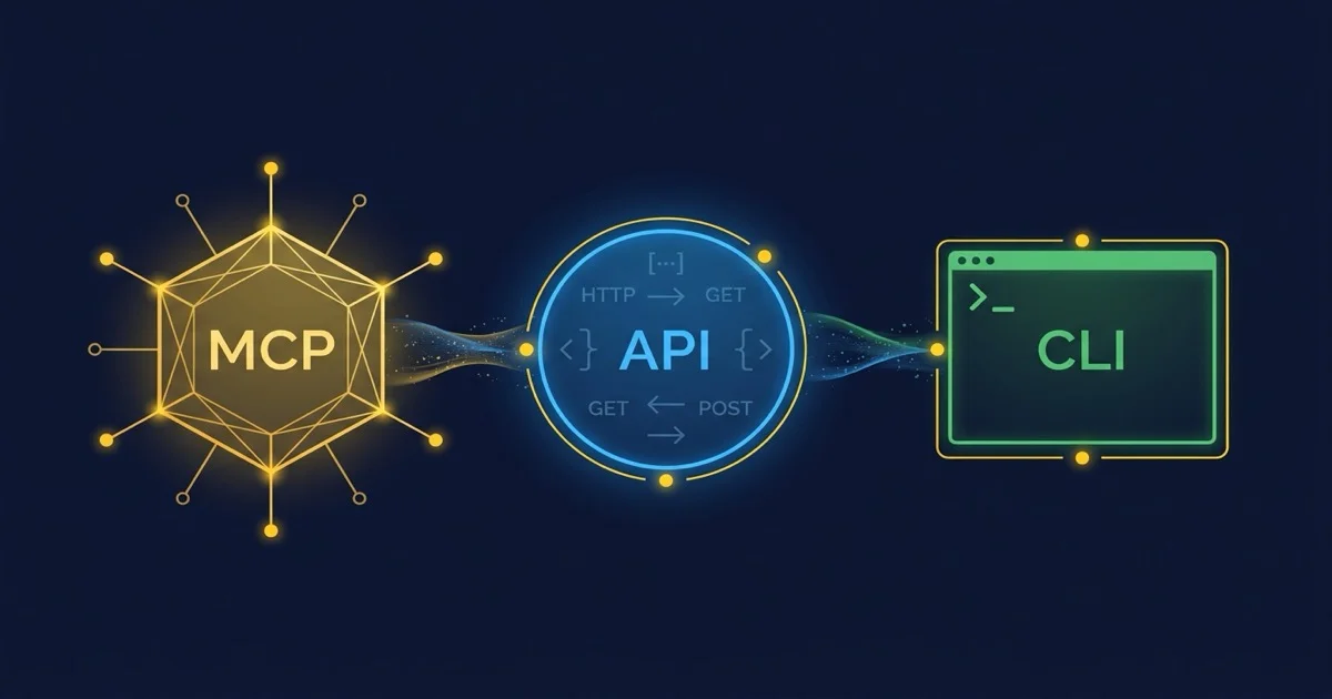 Three connector types MCP, API and CLI as interconnected nodes on a dark blue background