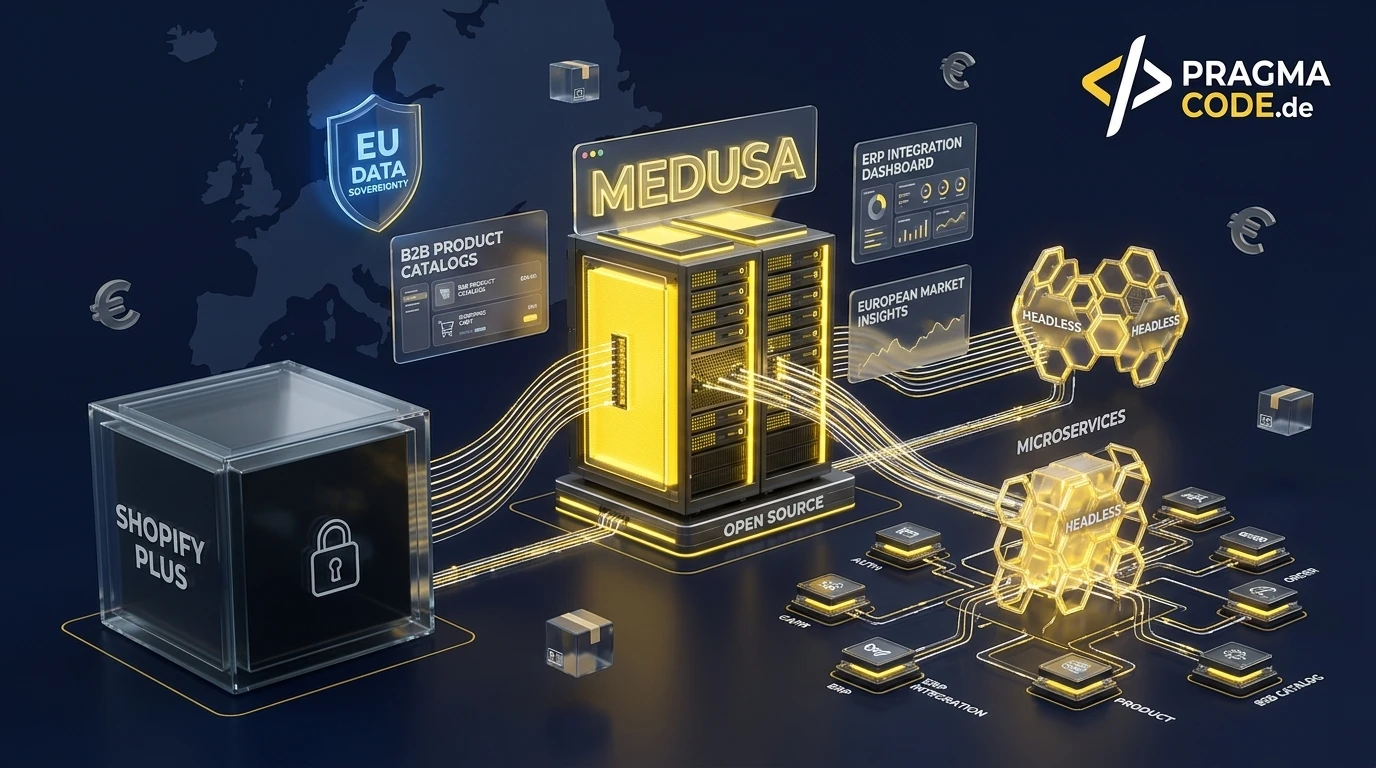 Futuristic 3D visualization of Medusa.js headless commerce with open-source server, B2B catalogs, and ERP integration