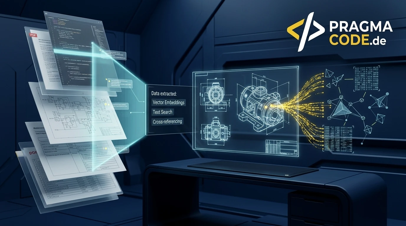 Holographic CAD drawing with AI data streams and vector database visualization