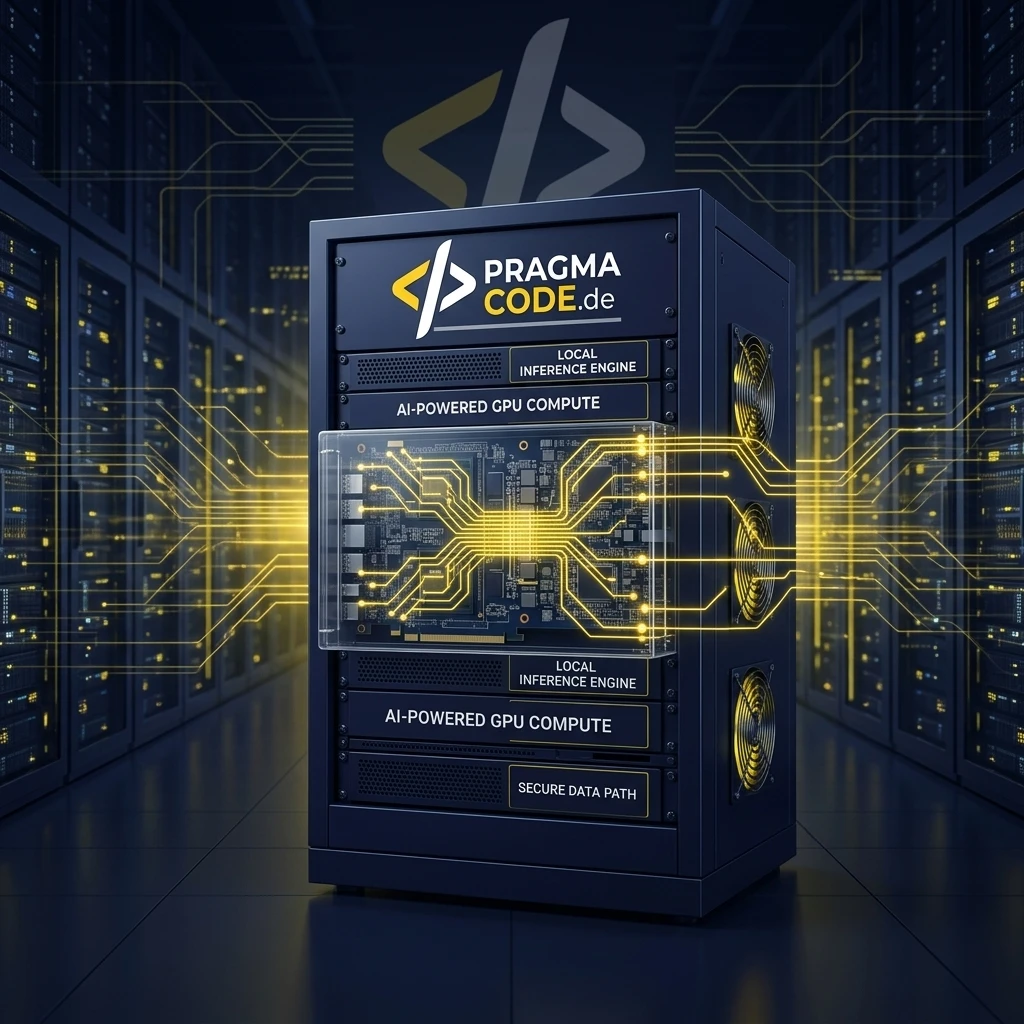 On-Premise AI server rack with glowing GPU paths and Pragma-Code logo