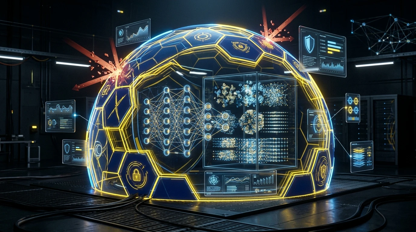 Futuristische 3D-Visualisierung von KI-Sicherheit mit digitalem Schutzschild um neuronale Netze und Vektordatenbanken gegen Prompt Injections