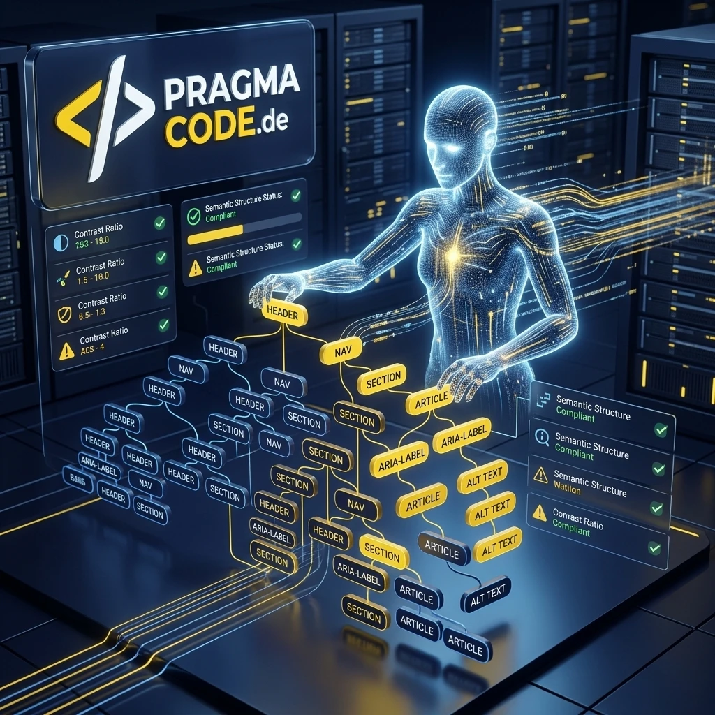 Künstlicher KI-Agent analysiert den semantischen Accessibility-Baum einer Website in einer 3D-Visualisierung