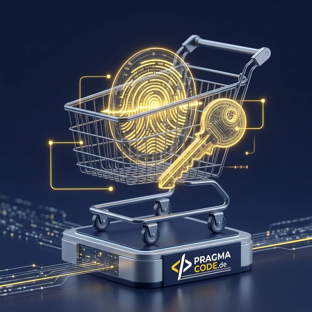 Passkey authentication with fingerprint and key on a shopping cart representing secure e-commerce