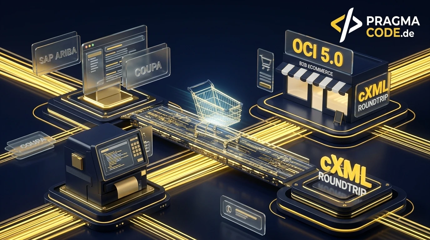 3D B2B infographic illustrating PunchOut catalog integration via OCI 5.0 and cXML with SAP Ariba and Coupa