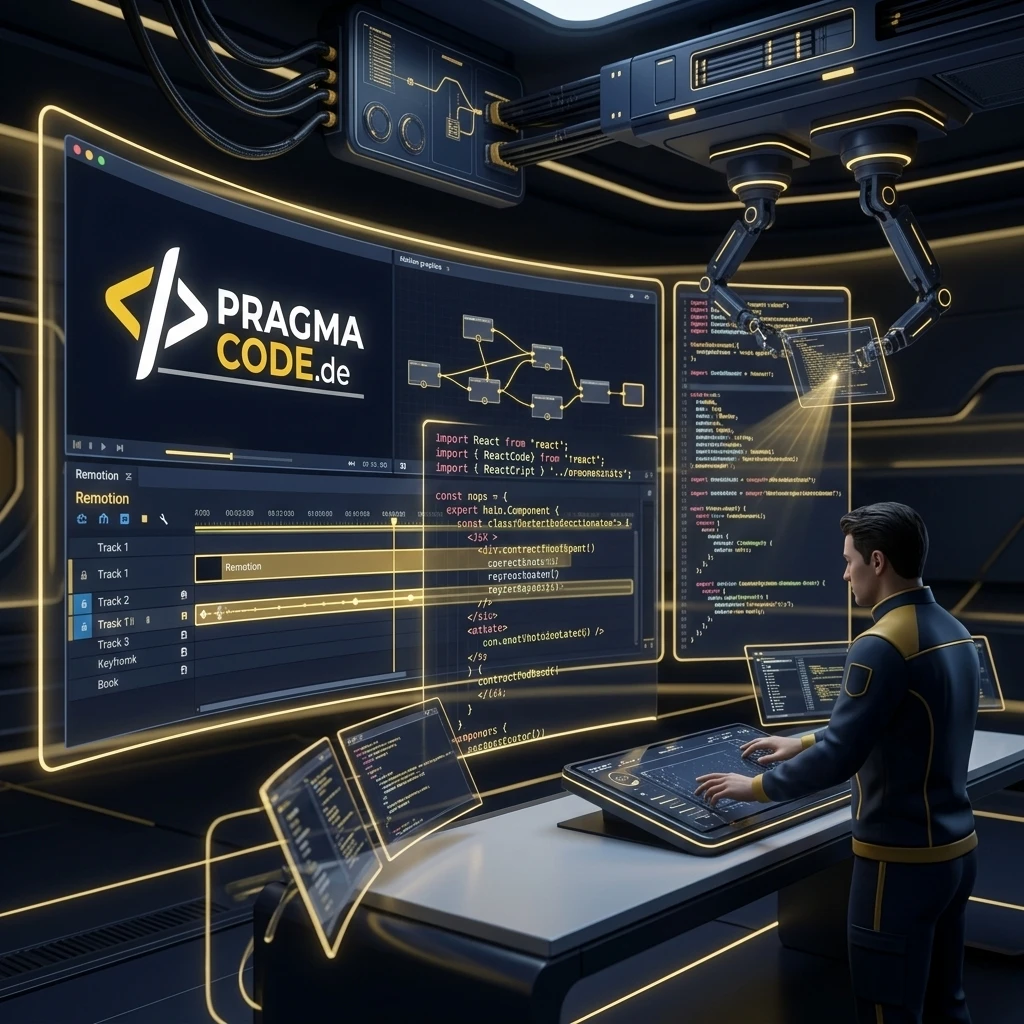 Futuristisches digitales Studio für programmatische Videoerstellung mit React-Code-Overlays und Pragma-Code Wasserzeichen
