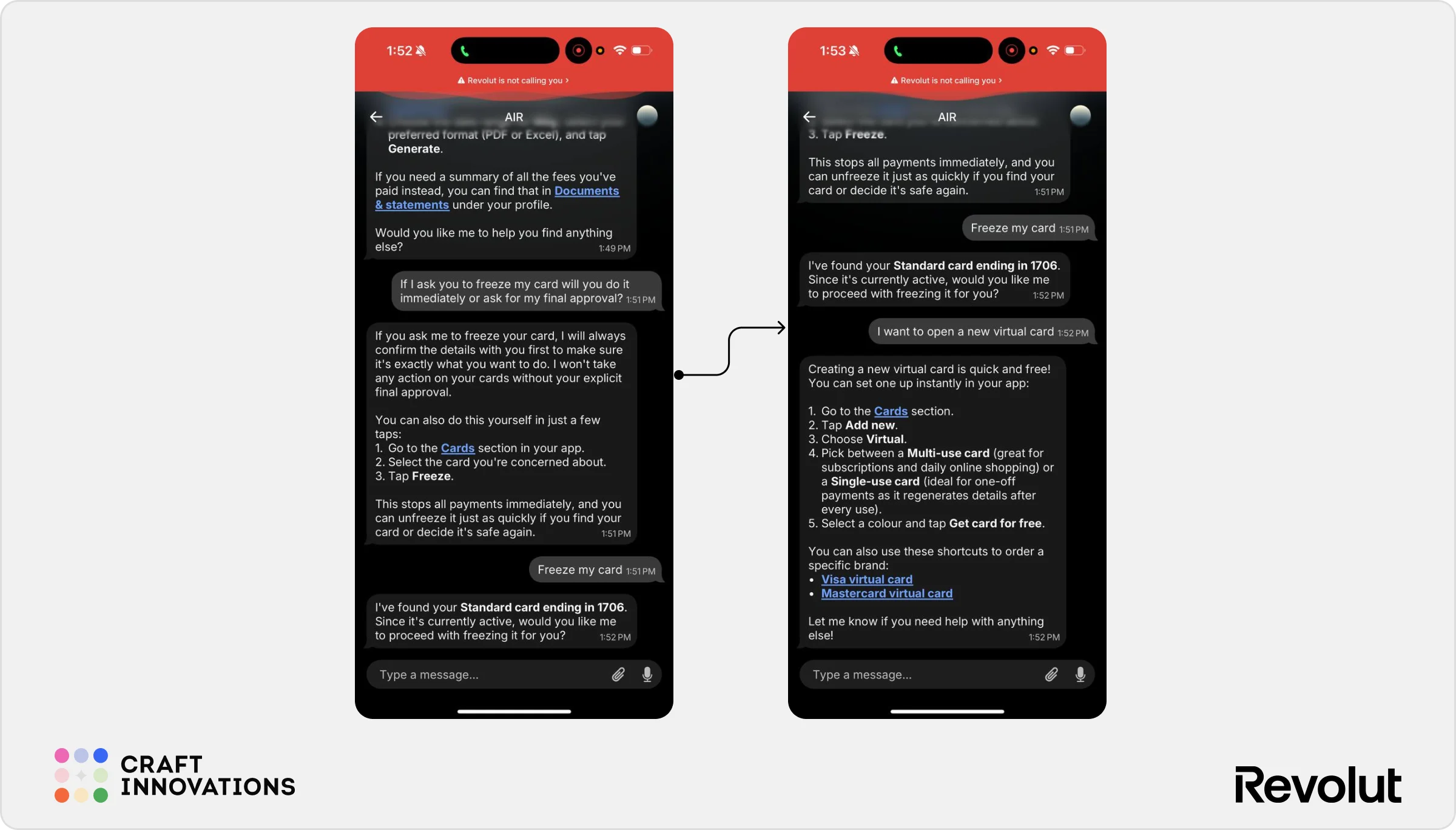 Revolut AIR Kartensicherheitsdialog: Erkennung der aktiven Karte, Bestätigung vor Kartensperrung und Shortcuts für virtuelle Einwegkarten