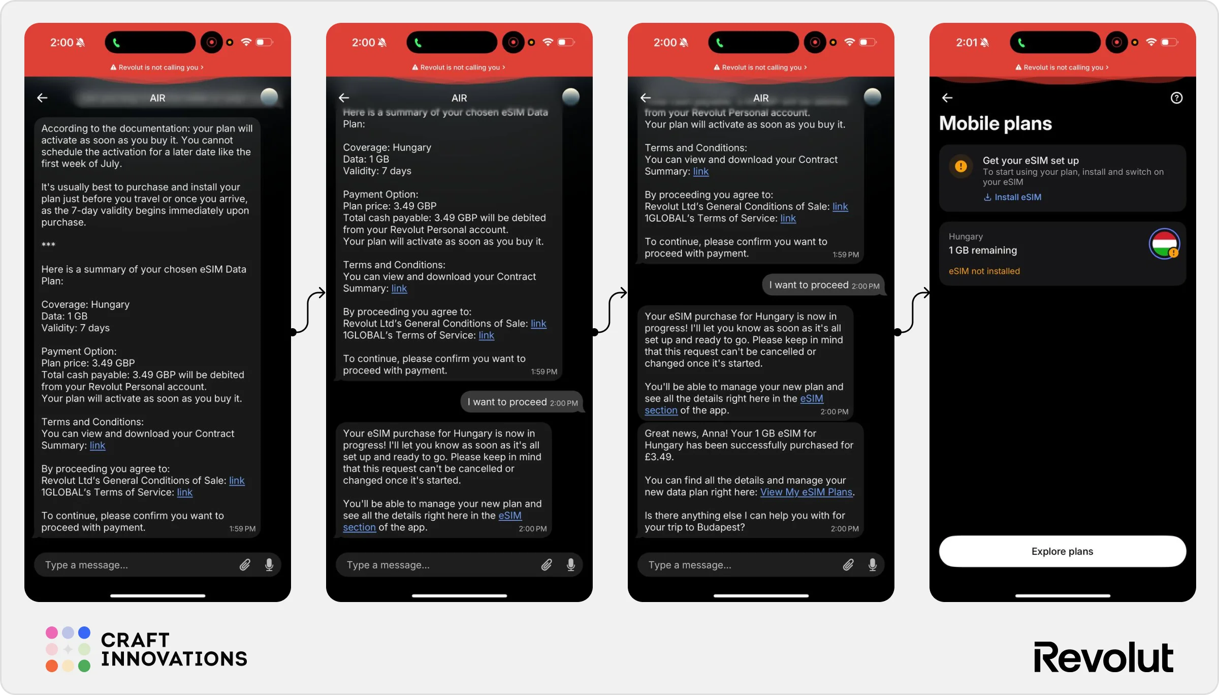 Revolut AIR kompletter eSIM-Buchungsflow für Ungarn mit automatischer Zusammenfassung, Kaufbestätigung und Einrichtungsübersicht
