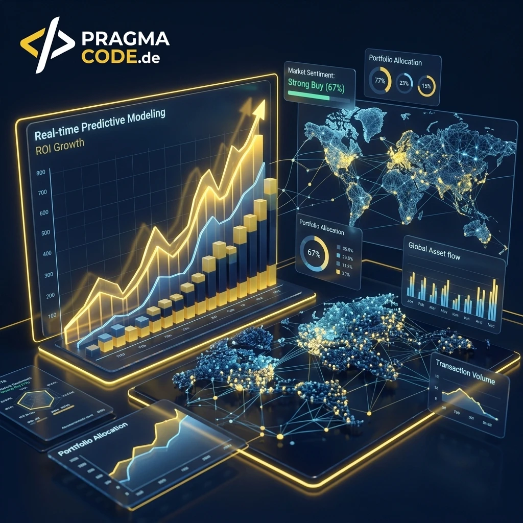 Messbarer ROI von KI-Projekten - 3D Dashboard mit Finanzmetriken und neuronalen Netzen