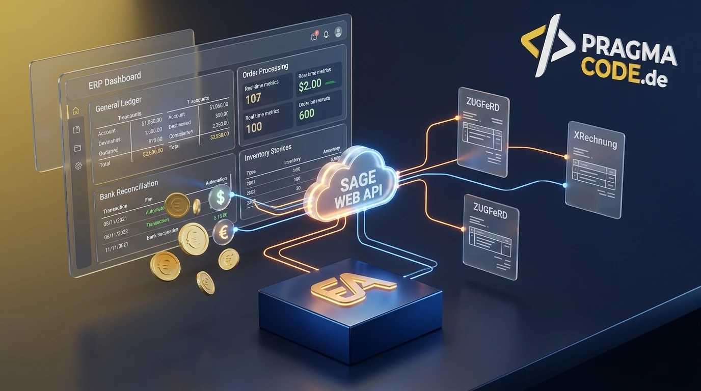 Sage ERP 2026 user interface showing financial ledger, e-invoicing engine, and Sage Web API cloud endpoints