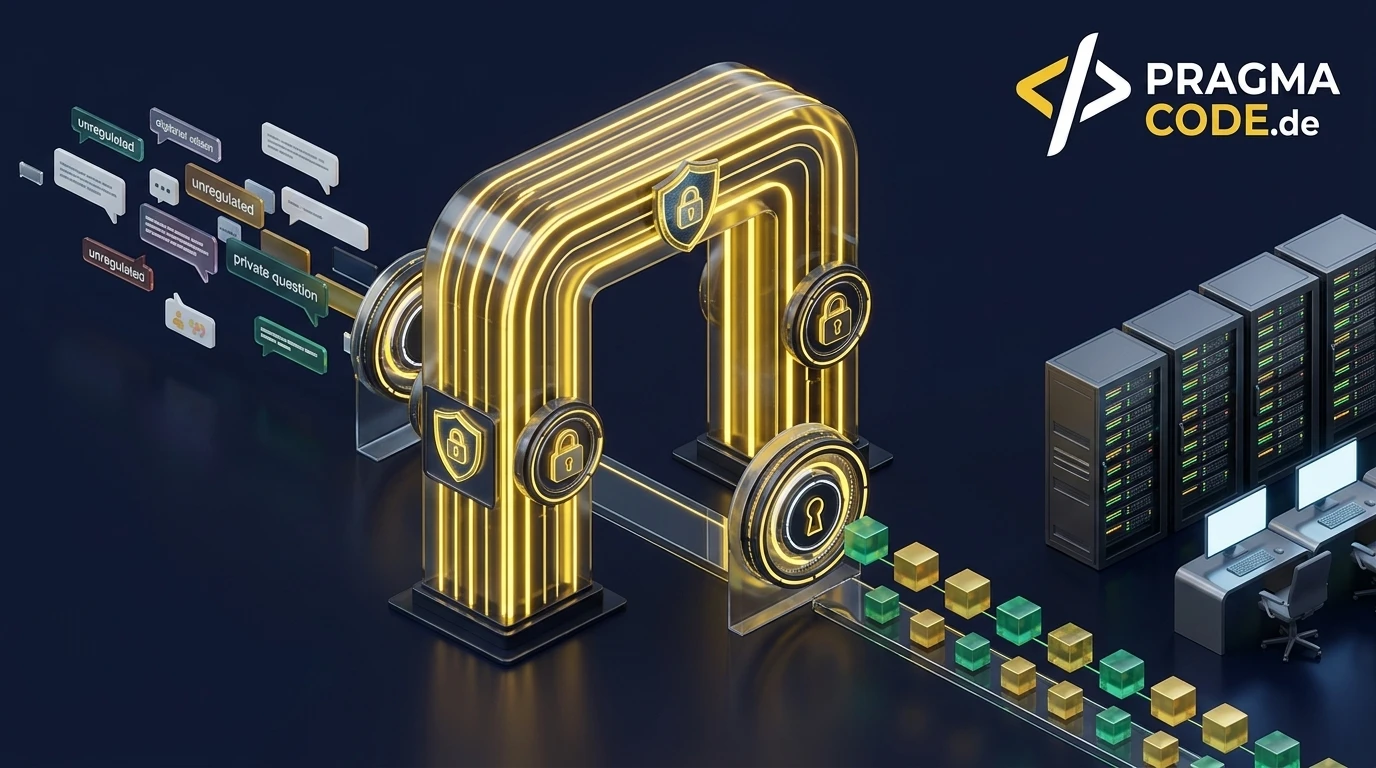 3D illustration of a secure Enterprise AI Gateway transforming Shadow AI into regulated corporate workflows