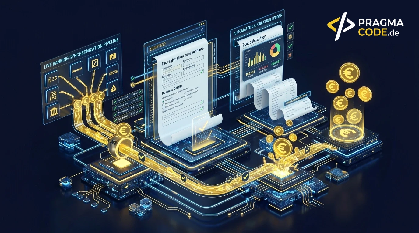 Sorted 3D header showcasing guided tax registration, automated EÜR net profit return, ELSTER data exchange, and open banking APIs