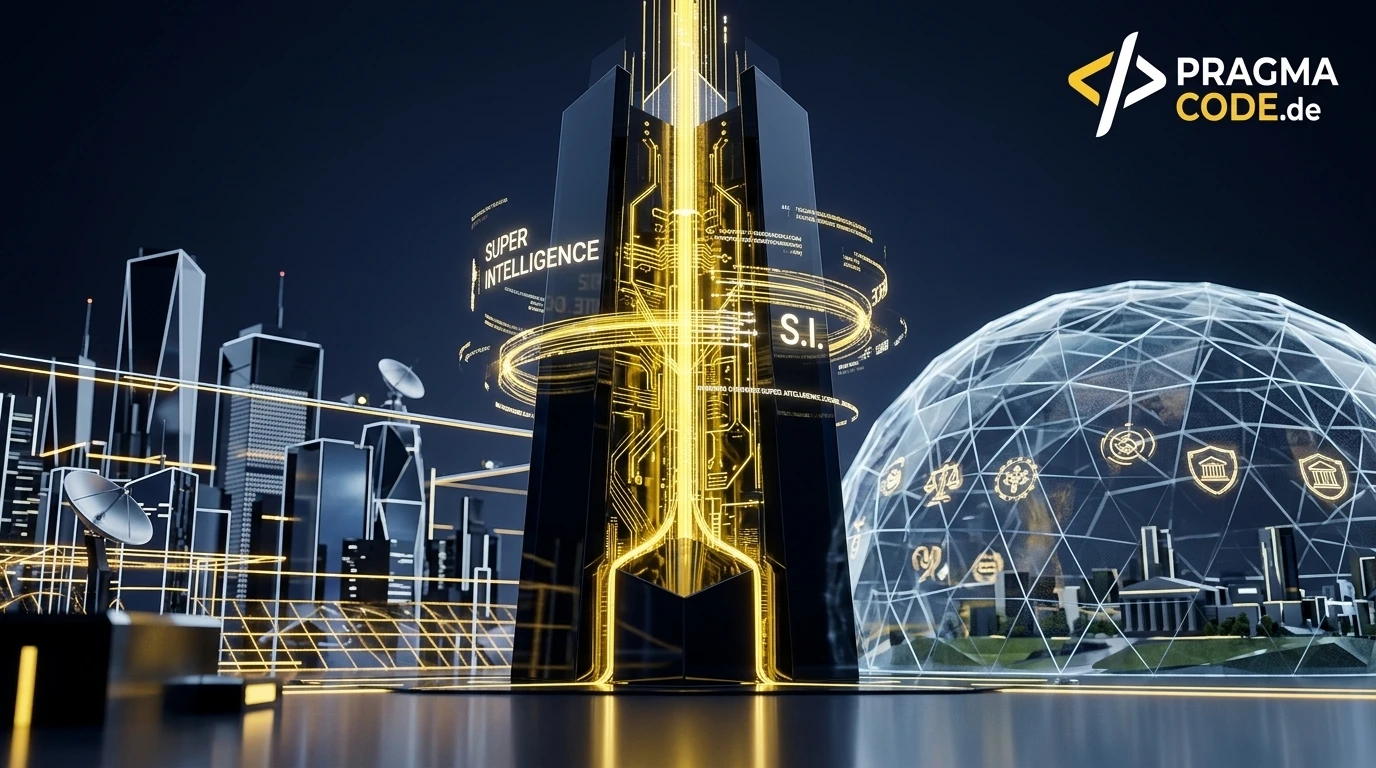 3D-Visualisierung der US Super Intelligence Doktrin mit Obsidian-Kern, goldenen Energieströmen und europäischem Governance-Schild