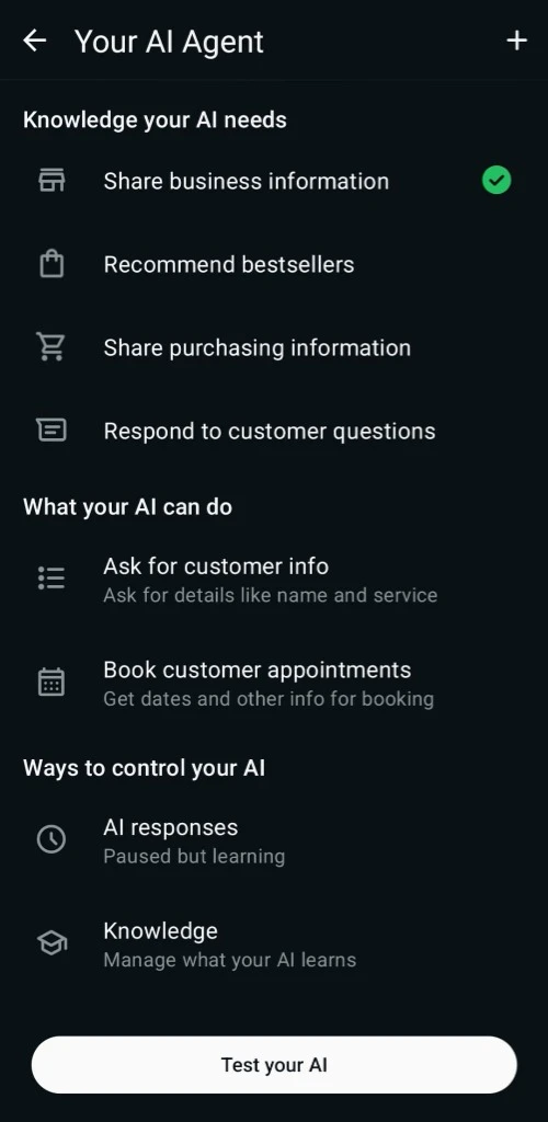 WhatsApp Business AI Agent Einstellungen Dashboard Screenshot