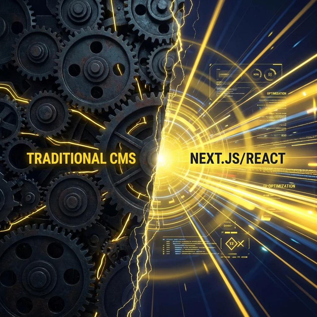 Futuristische Visualisierung: Links traditionelle Zahnräder (CMS), rechts schnelle Lichtbahnen (Next.js)