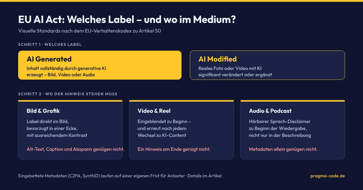Matrix der EU-AI-Act-Kennzeichnung: die Labels AI Generated und AI Modified sowie die Platzierungsvorgaben für Bild, Video und Audio nach dem EU-Verhaltenskodex zu Artikel 50.