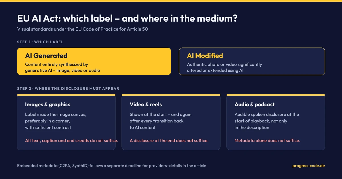 Matrix of EU AI Act labeling: the AI Generated and AI Modified labels plus the placement rules for images, video and audio under the EU Code of Practice for Article 50.