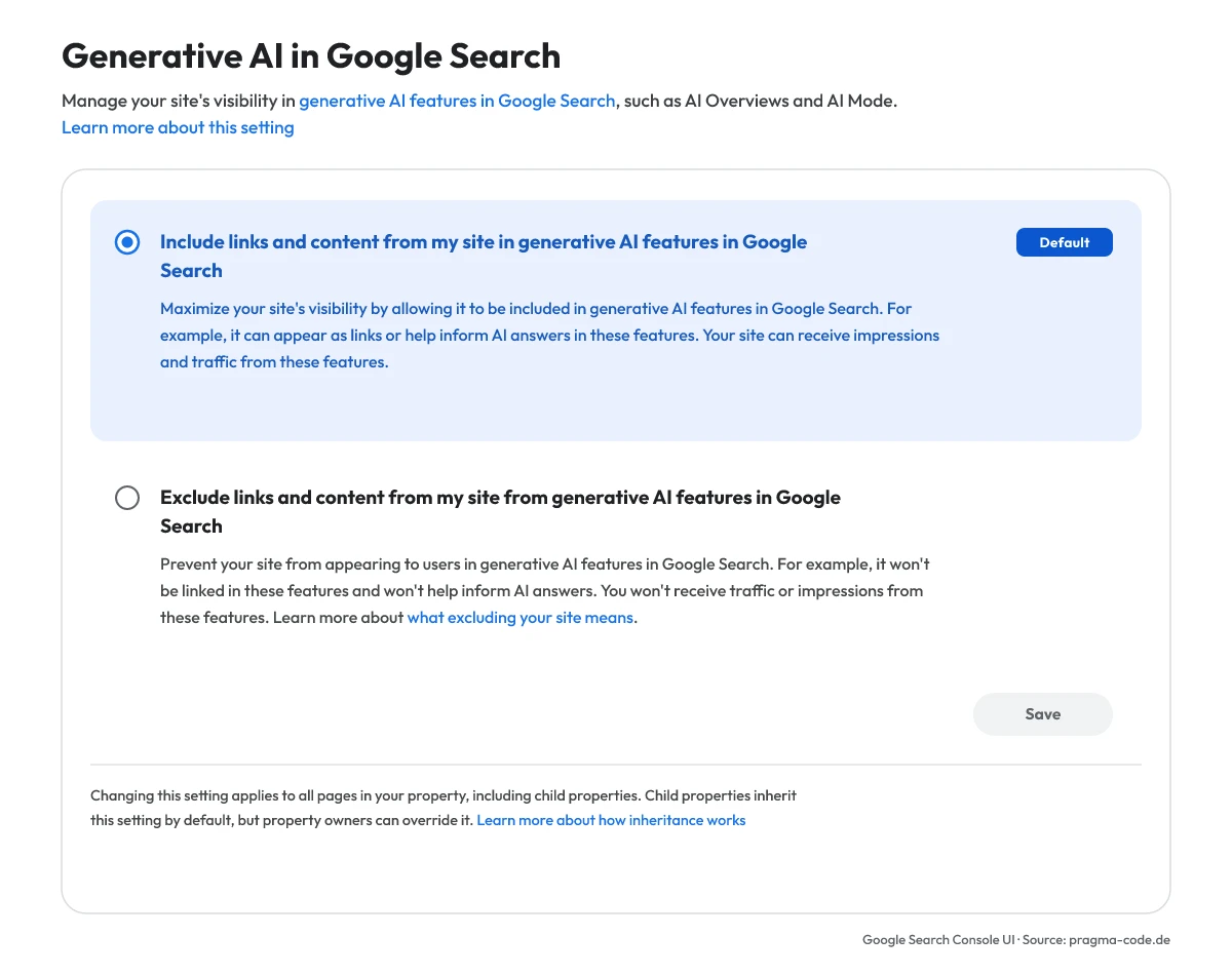Google Search Console Setting for Generative AI in Google Search showing default inclusion and exclusion options