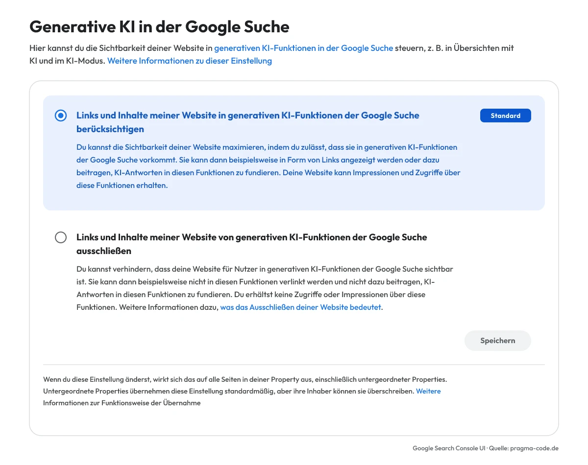 Google Search Console Einstellung für Generative KI in der Google Suche mit Opt-In Standard und Ausschluss-Option