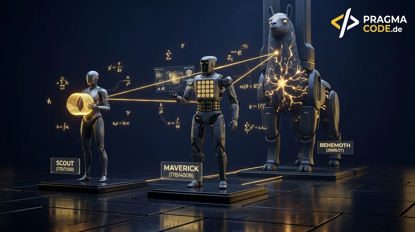 Llama 4 Modellfamilie mit Scout, Maverick und Behemoth in moderner Serverarchitektur