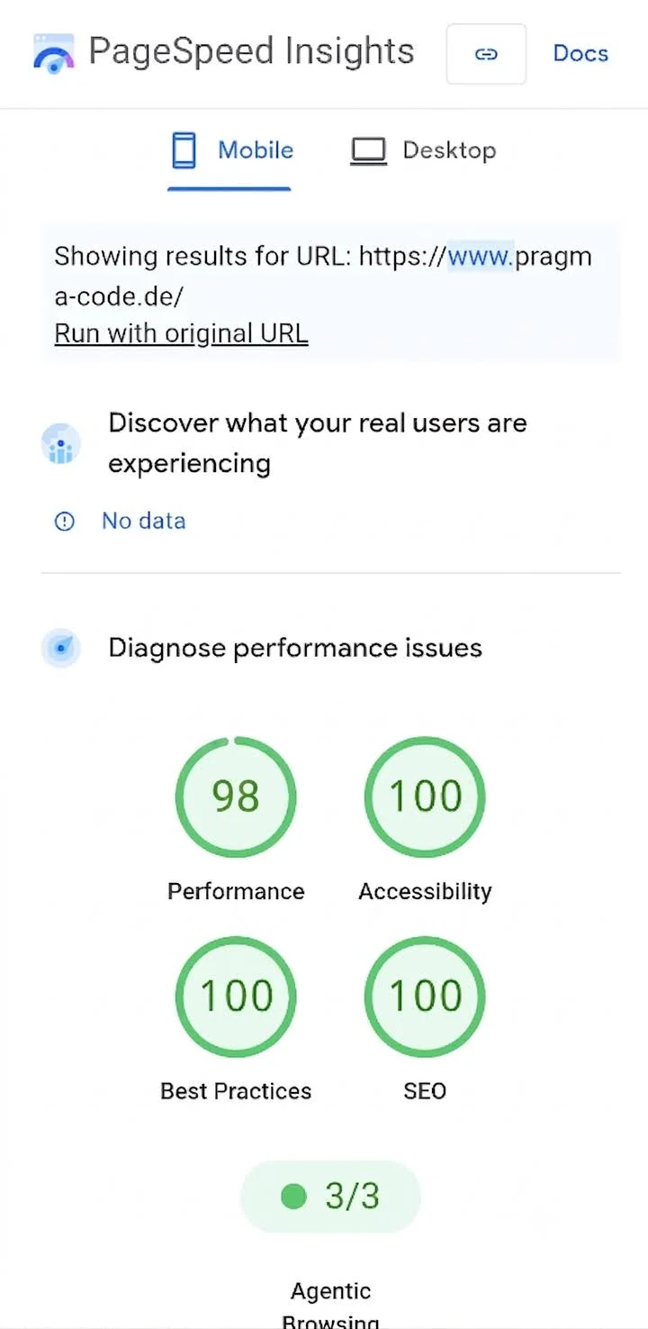 Google PageSpeed Insights Bericht mit dem neuen experimentellen Agentic Browsing Audit-Bereich